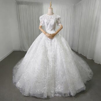 豪華！ウェディングドレス 韓国風ドレス リーフ刺繍 短袖 贅沢な総レース シークインチュール ロングトレーン 拳式