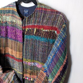 鮮やかな手織りのノーカラージャケット　さをり織り