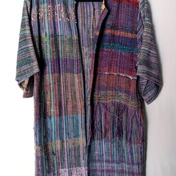 【個性的】さをり織りの艶やかカラフルロングコート ノーカラー