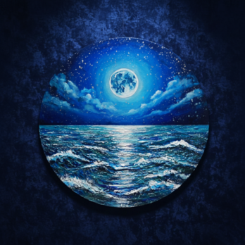 【油絵】心を落ち着かせる海景画 丸形「青い満月と輝く海」油彩画インテリア