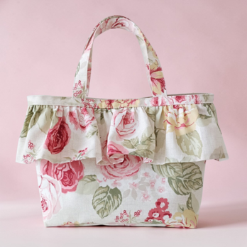 フリルトートバッグ Mサイズ 花柄 ペットボトルホルダー付き 大人可愛い 日常使い おでかけ 通勤 通学