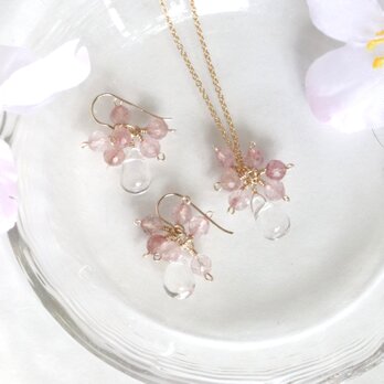 桜色 天然石アクセサリーセット ピンクエピドート×クリスタルクォーツ ネックレス＆ピアス 14Kgf