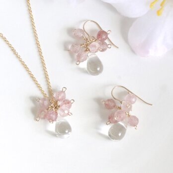 桜色 天然石アクセサリーセット ピンクエピドート×クリスタルクォーツ ネックレス＆ピアス 14Kgf