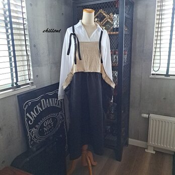 【背中がかわいい】マキシ：ギャザー：エプロンドレス：ブラック×リネン【1001】