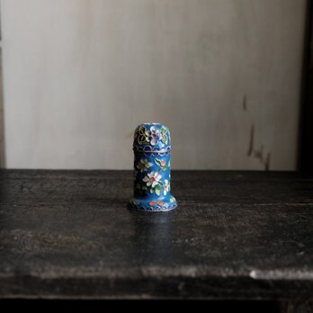 青に草花◆中国七宝焼　小物入れ　楊枝入れ　チャイナレトロ　シノワズリ　インテリアオブジェ i1