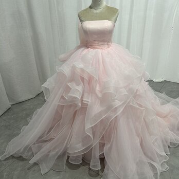 豪華！カラードレス 薄桃色 ベアトップ ラッフルフリル 豪華なバックリボン プリンセスライン 花嫁