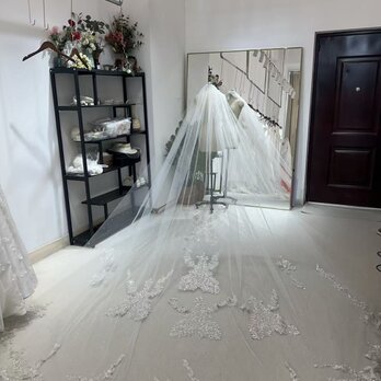 華やか ロングベール キラキラ光る刺繍 咲き誇る透け花レース フランス風 結婚式 花嫁