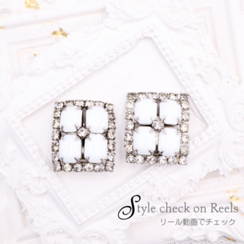 【アメリカ買付】ホワイト×ラインストーン＊White Square Motif Earrings 1960s–1970s