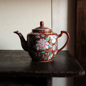 ブラウンにカラフルな草花◆中国景徳鎮　色絵急須　茶器　チャイナレトロ　シノワズリ　インテリア　ビンテージ