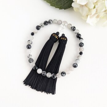 【女性用/主玉8mm】トルマリンクォーツとオニキスの数珠・略式念珠/正絹漆黒房