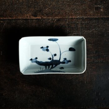 成化年製◆古伊万里　花文染付長方皿　刺身皿　骨董・antiques 古民家　古美術　江戸後期 個体A