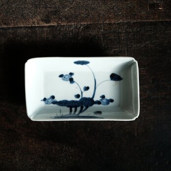 成化年製◆古伊万里　花文染付長方皿　刺身皿　骨董・antiques 古民家　古美術　江戸後期 個体C