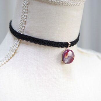 【受注製作】レジンアート　ラウンドモチーフとタティングレースとベルベットリボンのチョーカー〈牡丹燈籠〉