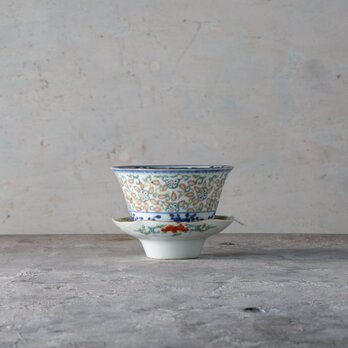 康熙様式 青花蛍手 煎茶碗＆茶托 中国