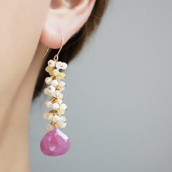 【１点限定】「果実日和」イエローオパール ピンクオパール  ルビー ロングピアス イヤリング 14kgf 天然石 誕生石