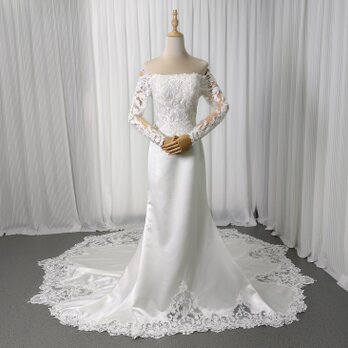 ウェディングドレス オフショルダー 上品レース 長袖 華やかなトレーン デザイン感 くるみボタン 結婚式 前撮り