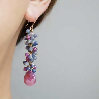 【１点限定】「熟れゆく果実」サファイア ルビー ムーンストーン ロングピアス イヤリング 14kgf 樹脂 ノンホールピアス