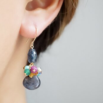 【１点限定】「星灯り」ピアス イヤリング モスカイヤナイト カラフル 14kgf 天然石 誕生石 樹脂 ノンホールピアス