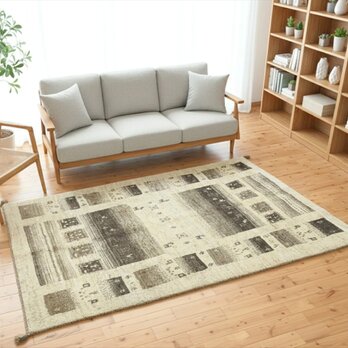 ペルシャ ギャッベ　リビング　ラグ　196x148cm　ベージュ　グレー　無染めのウール　RJ5277