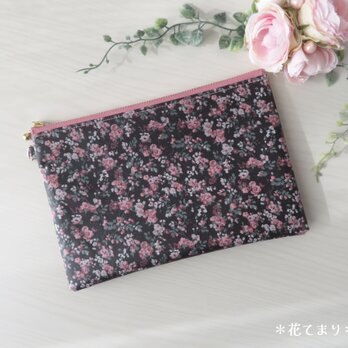 リバティ ラミネート ムーン・モスのフラットポーチ＊内側仕切り＊20cmファスナー＊