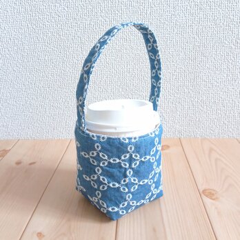 テイクアウト　洗濯可能な保温の紙コップ入れ　バッグ型　刺繍　ダンガリーデニム　ブルー　616
