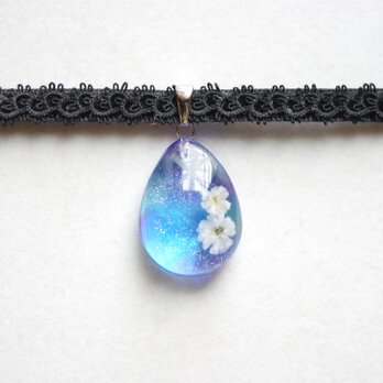 【受注製作】レジンアート　ドロップモチーフとタティングレースとベルベットリボンのチョーカー〈晴夜〉