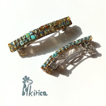 ☆ターコイズステッチ べっ甲スクエアビーズバレッタ2本組　(#1238）