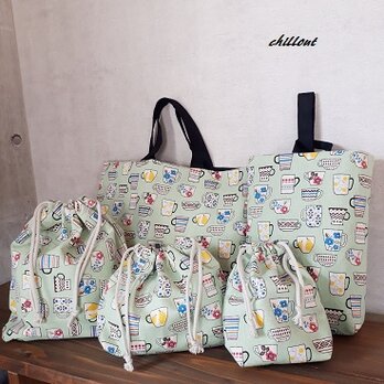 【ソフトリネン】入園バッグ５点セット：ティーカップ：エメラルド【0414】