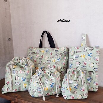 【ソフトリネン】入園バッグ５点セット：ティーカップ：エメラルド【0415】