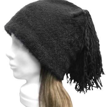 mixフリンジ付／ワッチキャップ◆甘織シャギーニット＆裏フリース／ブラック　◇ゆったりサイズ・寒い季節におすすめ◇