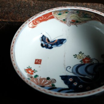 花と鶴と蝶々◆伊万里　花蝶文赤絵金彩浅型大鉢　碗　骨董・antiques 器　暮らしに　明治期 　中