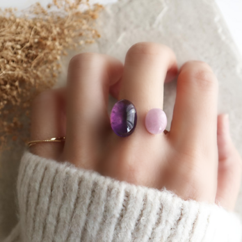 アメジスト×クンツァイト 濃淡パープルのフォークリング｜天然石リング　金アレ対応