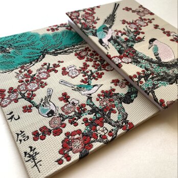 『梅と鶯〜元信筆』　狩野元信御朱印帳　美術名画御朱印帳　B6 大判サイズ　額絵織物　梅　鶯　鳥　花鳥図　日本画　桐生織物