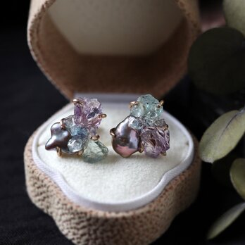 原石アメジストとアクアマリンのピアス