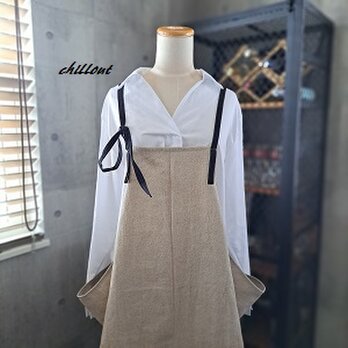 【背中がかわいい】エプロンドレス：ワッシャーリネン×ブラック【1038】