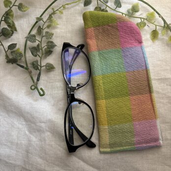 ハンドメイド♡メガネケース♡リネンパステルカラフルチェック♡♡普通タイプ