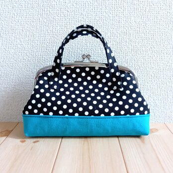 倉敷帆布　トートバッグ型　大きめがま口ポーチ　17.5cm口金　通帳ケース　お薬手帳ケース　ドット　ターコイズブルー　620