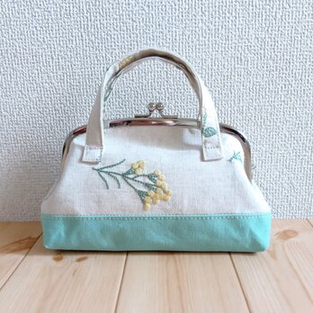 草花刺繍　トートバッグ型　大きめがま口ポーチ　17.5cm口金　通帳ケース　お薬手帳ケース　ミントグリーン　621