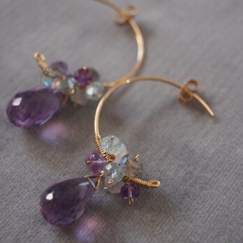 14kgf 雫アメジストフープピアス k14gf 宝石質 　ドロップカット　ブリオレットカット