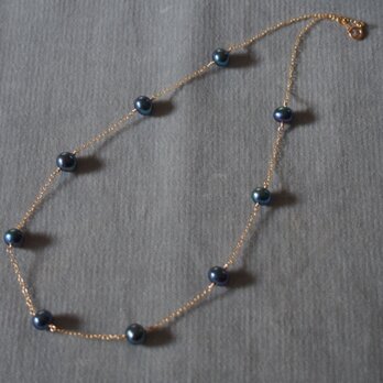 14kgf ピーコックカラーステーションネックレス k14gf　真珠　ブルー　パール