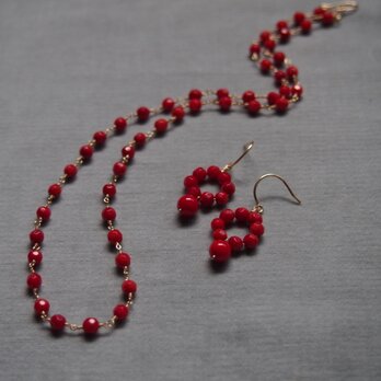 14kgf 赤い珊瑚のシンプルネックレスと小振りなサークルピアス k14gf　コーラル　サンゴ　