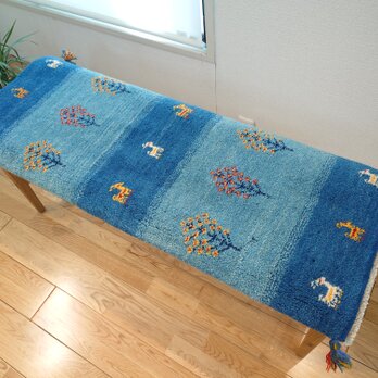 ペルシャ ギャッベ ミニランナー 118x43cm　青　水色　生命の木　花　ヤギ　鹿　RJ16316