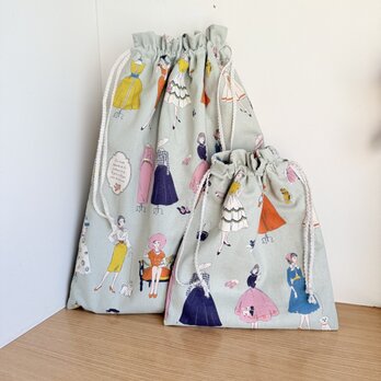 巾着2つセット（レトロ・グリーン）