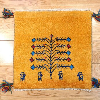 ペルシャ　ギャッベ　ミニマット　ラグ　横43x43㎝　黄金色　生命の木　鹿　T7190