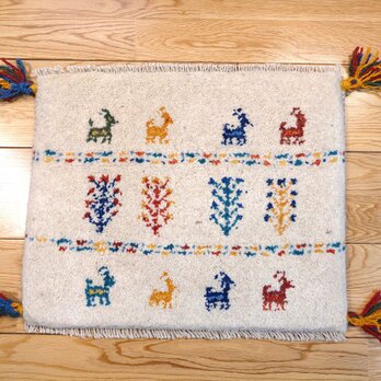 ペルシャ　ギャッベ　ミニマット　ラグ　横44.5x36cm　アイボリー　鹿　羊　生命の木　Z1343