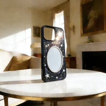 デコ電 ✨キラキラ星空ミラースマホケース ハンドメイド ラメ星柄 おしゃれ補妆に便利✨・iPhone galaxy 全機種対応