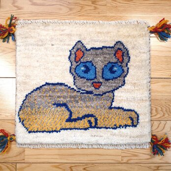 ペルシャ　ギャッベ　ミニマット　ラグ　横41x36.5cm　猫　ベージュ　Gray　T5065