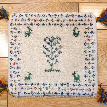 ペルシャ　ギャッベ　ミニマット　ラグ　横41x36cm　アイボリー　生命の木　ヤギ　羊　Z1344