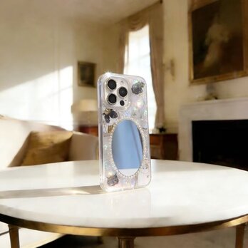 デコ電 ハンドメイドミラー付き キラキラビジュー スマホケース パール韓国風 Galaxy Pixel iPhone 全機種対応