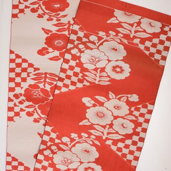 名古屋帯 正絹 花柄 市松模様 昭和レトロ ジャパンヴィンテージ